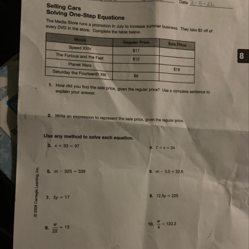 Date Selling Cars Solving One-Step Equations The Media Store runs a promotion in July-example-1