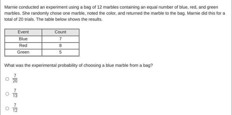 What was the experimental probability of choosing a blue marble from a bag?-example-1