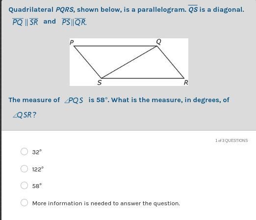 Quadrilateral PQRS, shown below, is a parallelogram. QS is a diagonal. PQ ║ SR and-example-1