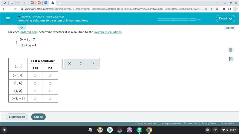 For each ordered pair, determine whether it is a solution to the system of equations-example-1