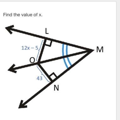 Find the value of x. 12x-5, O K 43 L N M-example-1