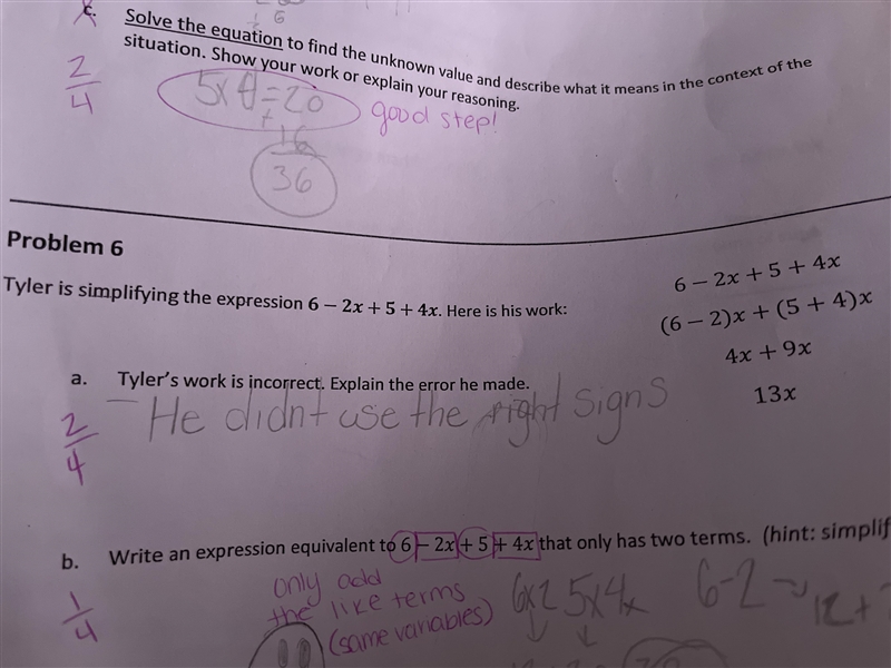 Tyler is simplifying the expression 6 - 2x + 5 + 4x-example-1