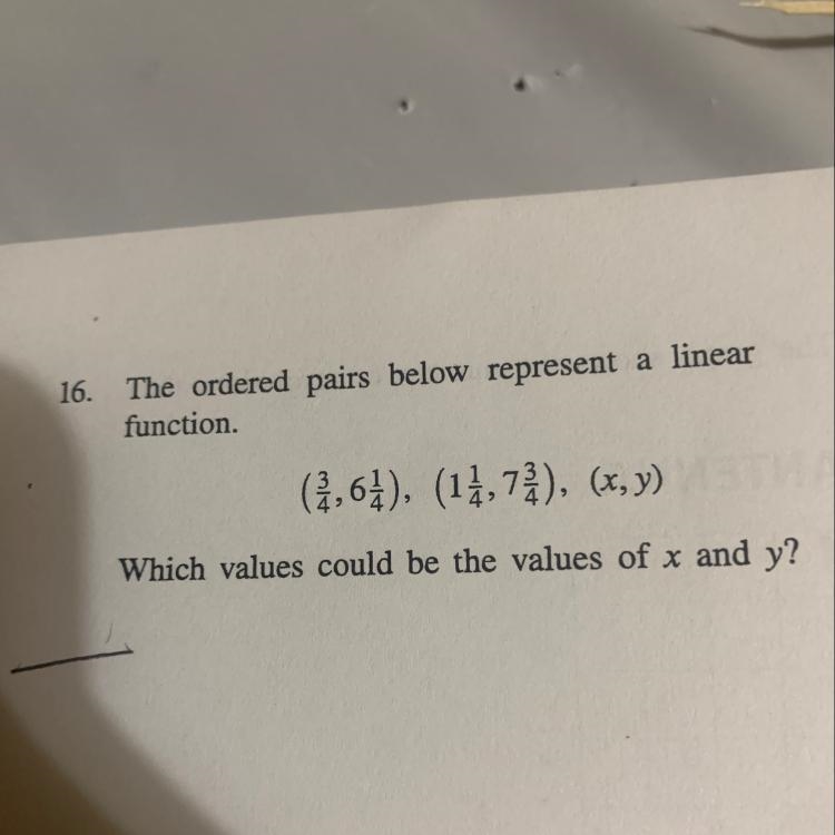 16. The ordered pairs below represent a linear function. (2,64), (14,77), (x, y) Which-example-1