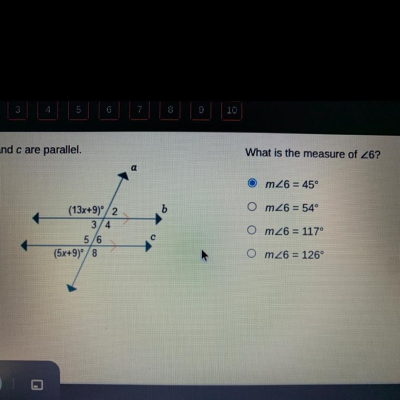 Lines b and c are parallel. Which is the measure of 6-example-1