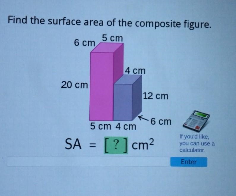 Find the surface area of the composite figure. 5 cm 6 cm 4 cm 20 cm 12 cm R6 cm 5 cm-example-1