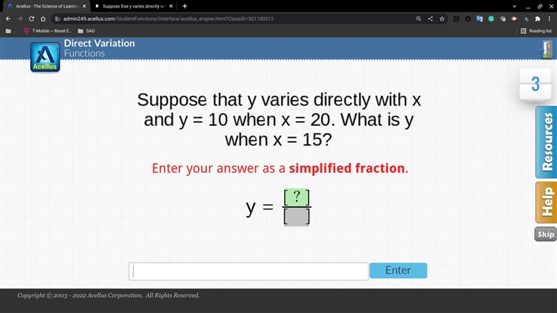 Suppose that y varies directly with x and y=10 when x=-20. What is y when x =15?-example-1