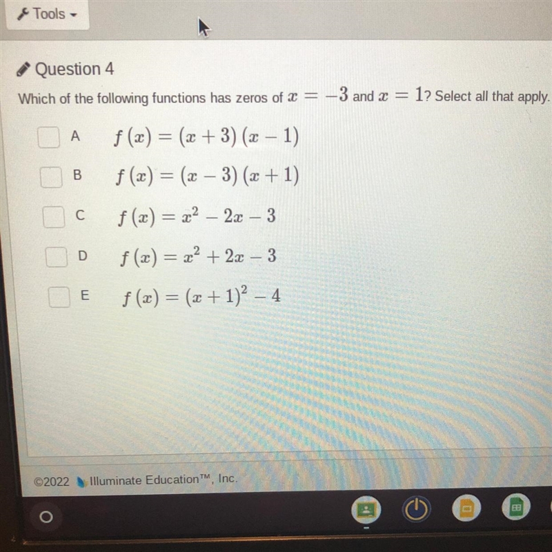 Which of the following functions has a zero of x=-3 and x=1? Select all that apply-example-1