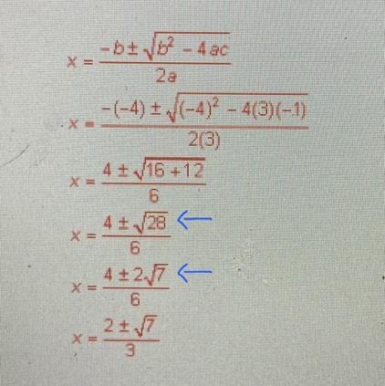 Solve 3x^2-4x-1=0 Can someone please explain to me how it went from 4 +/- the square-example-1