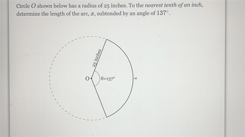 Circle O shown below has a radius of 25 inches. To the nearest tenth of an inch,determine-example-1