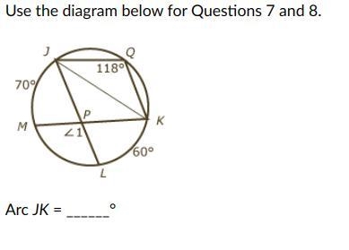 Geometry question pic Below Arc JK = ______° M<1 = ______°-example-1