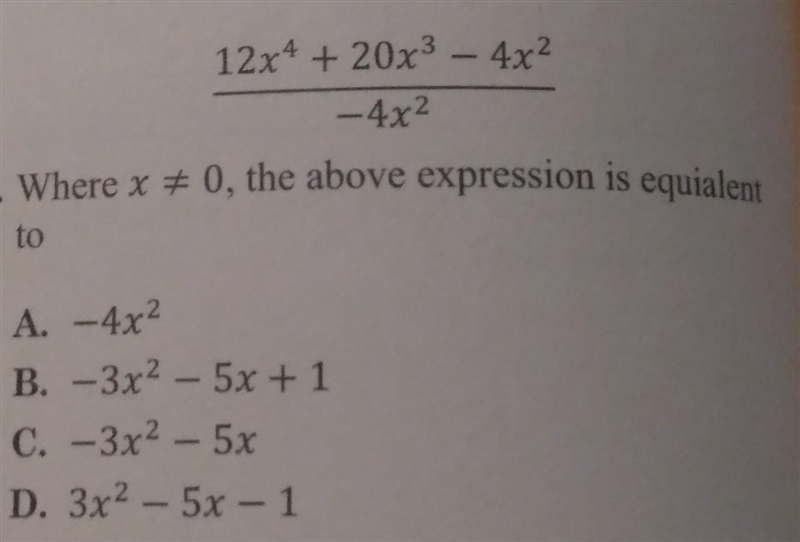 Where x = 0, the above expression is equialent to A. -4x² B. -3x² - 5x+1 C. -3x² - 5x-example-1