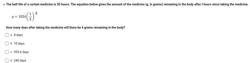 The half-life of a certain medicine is 30 hours. The equation below gives the amount-example-1