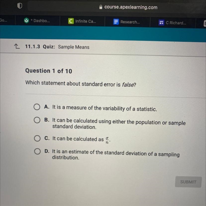 Can i have help? (picture included) Which statement about standard error is false-example-1