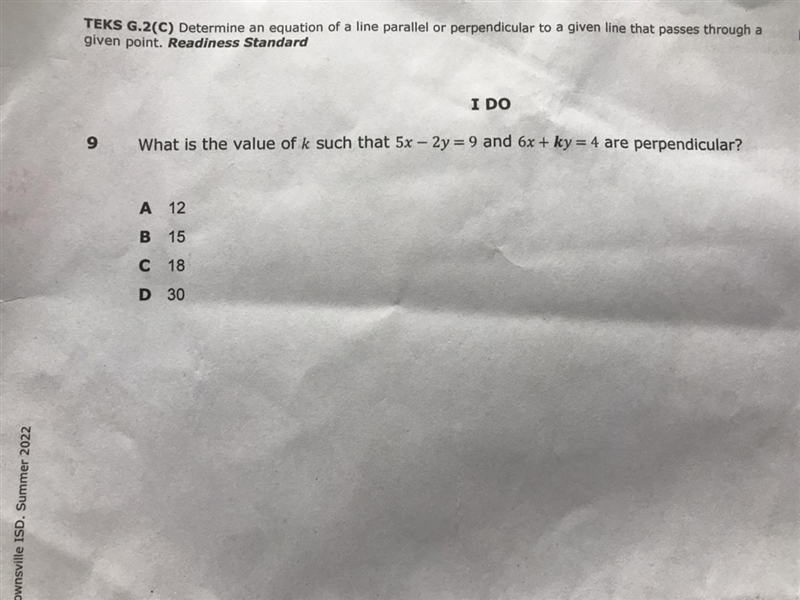 What is the value of k such that 5x-2y=9 and 6x+ky=4 are perpendicular?-example-1