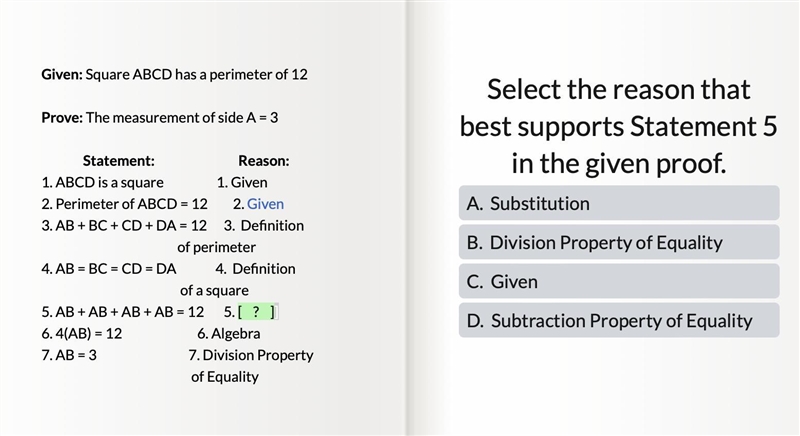 Select the reason that best supports Statement 5 in the given proof.-example-1