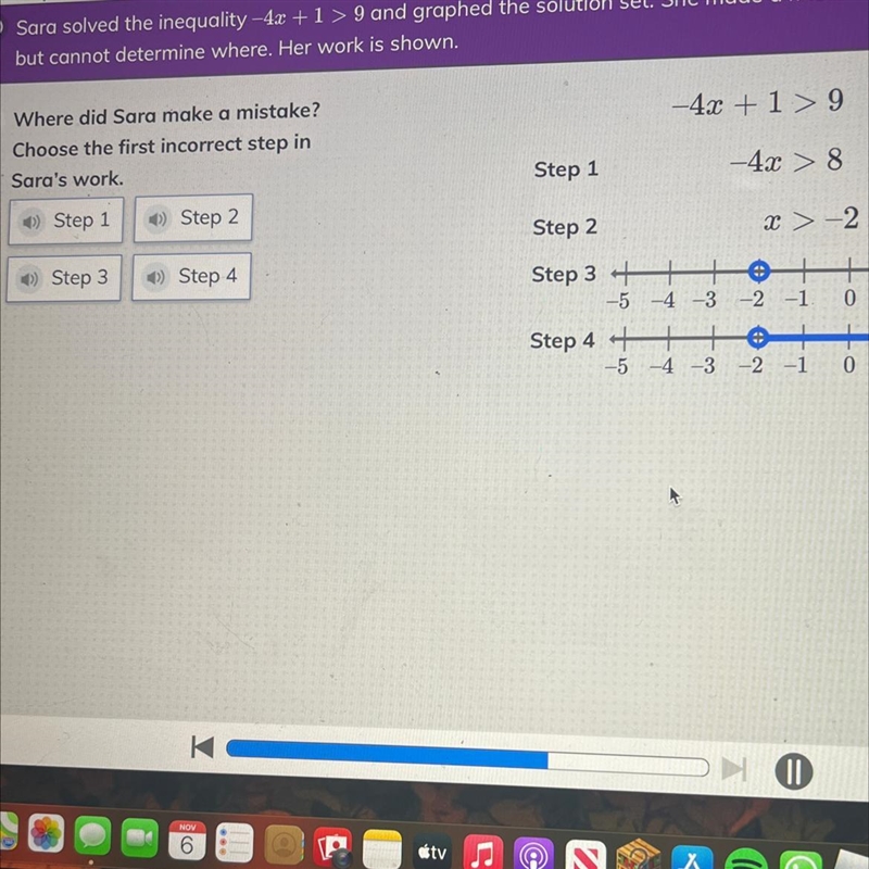 Sara solved the inequality -4x + > 9 and graphed the solution set. She made a mistake-example-1