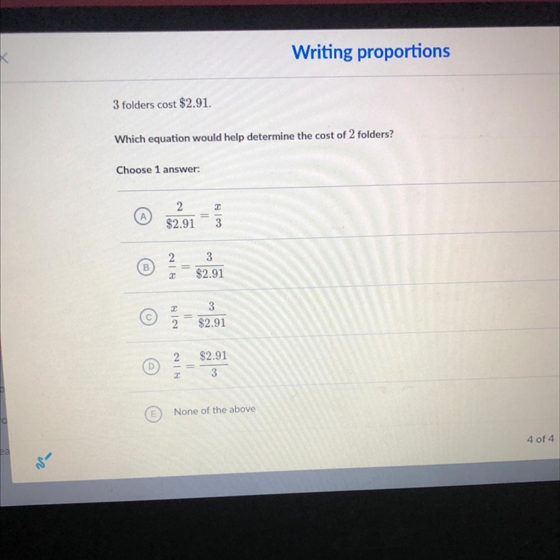 PLEASS HELP!! 3 folders cost $2.91. Which equation would help determine the cost of-example-1