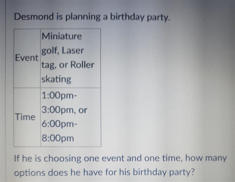 If he is choosing one event and one time how many options does he have for his birthday-example-1