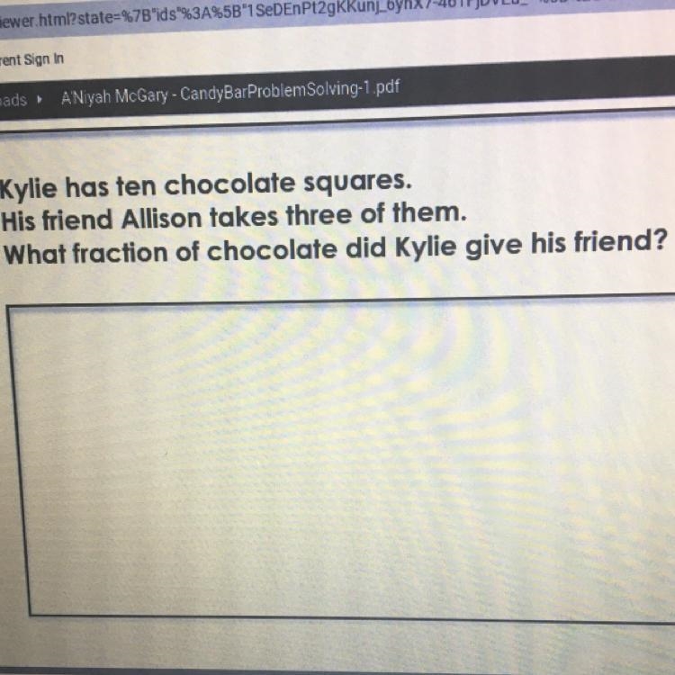 Kylie has ten chocolate squares. His friend Allison takes three of them. What fraction-example-1