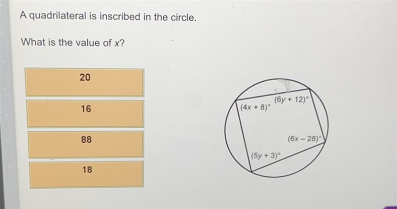 A quadrilateral is inscribed in the circle.What is the value of x?20(6y + 12)(4x + 80°1688(6x-example-1