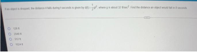 If an object is dropped, the distance it fails during t seconds is given by d(t)=1/2gt-example-1