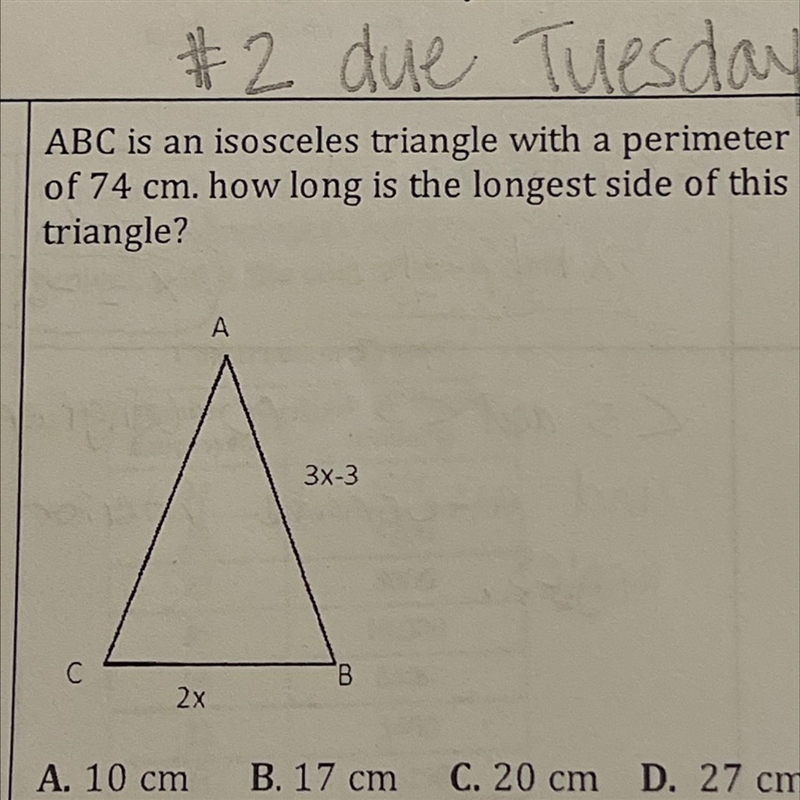 ABC is an isosceles triangle with a perimeter of 74 cm. how long is the longest side-example-1