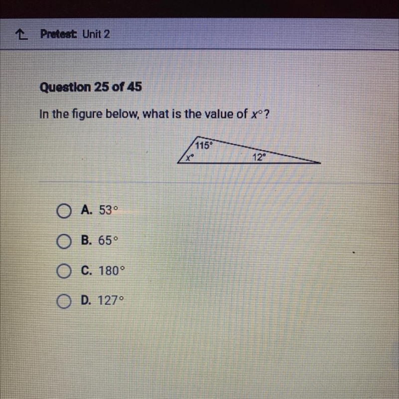 Please help! In the figure below, what is the value of X ? A. 53 B. 65 C.180 D. 127-example-1