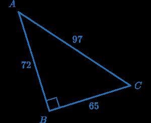 In right triangle ABC, ∠B is a right angle and AB=72, BC=65, and AC=97. What is the-example-1