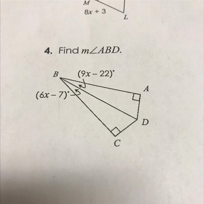 4. Find m2ABD. B (9x -22) it (6x - 7) - A D С-example-1