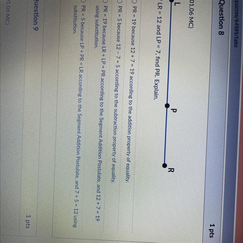 If LR= 12 and LP= 7, find PR, Explain.-example-1