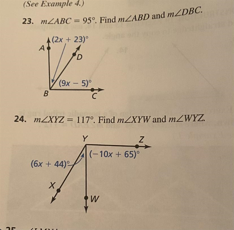 In exercises 23 and 24, find the indicated angle measures. (See photo)-example-1