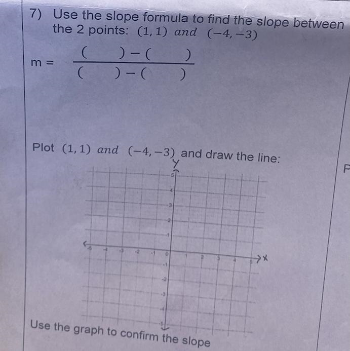 Use the slope formula to find the slope betweenthe 2 points:(1, 1)and(--4, -3)m=-(Plot-example-1