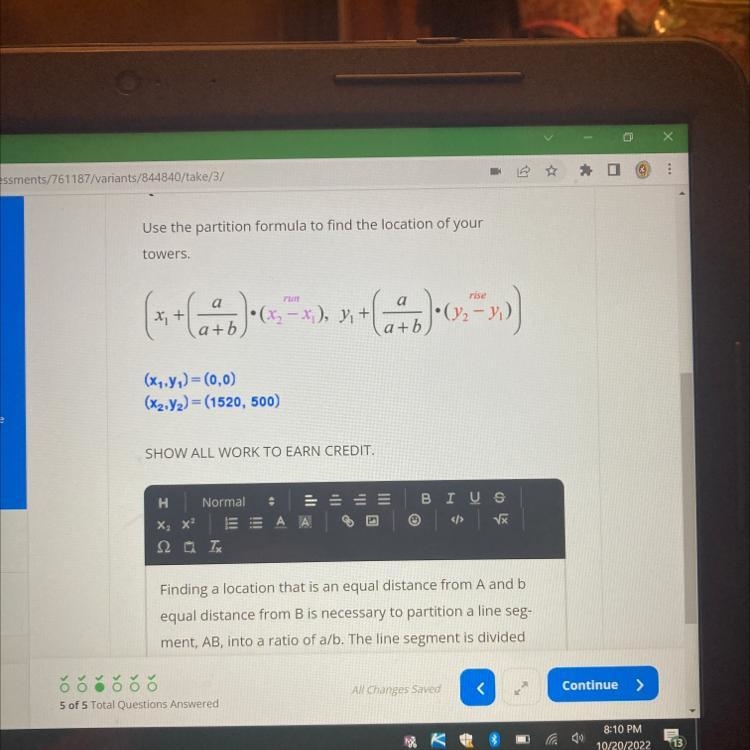 HELP PLEASE Use the partition formula to find the location of your towers.-example-1