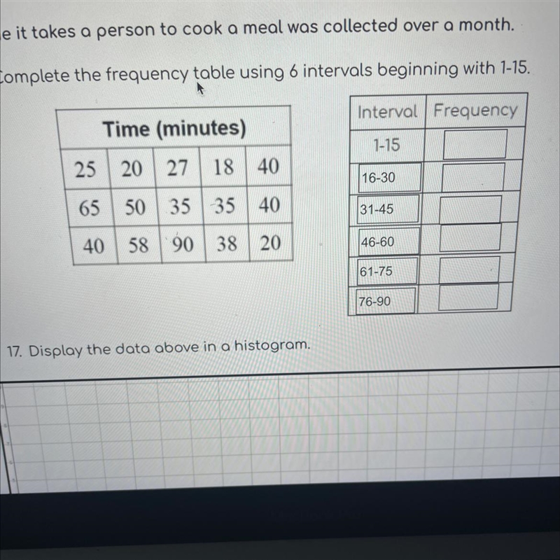 Complete the frequency table using 6 intervals beginning with 1-15.-example-1