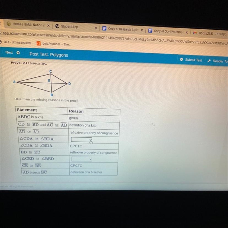 Given: Kite ABDC with diagonals AD and BC intersecting at E. Prove: AD bisects BC-example-1