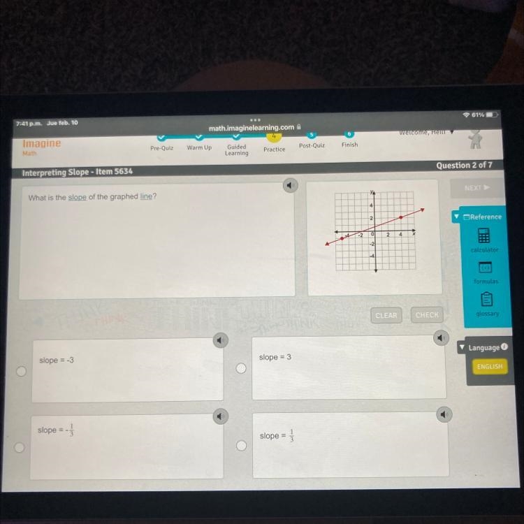 What is the slope of the graphed line-example-1