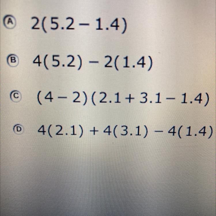 Which expression is equivalent to 4(2.1+3.1)-2(1.4)?-example-1