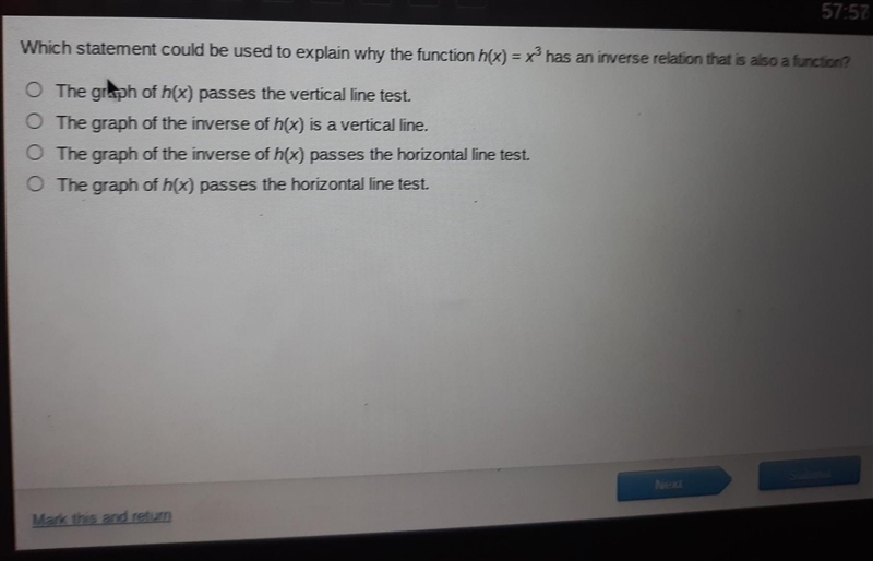 which statement couls be used to explain why the function h(x)=x³ has an inverse relation-example-1