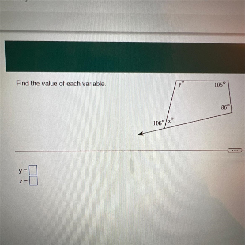 Find the value of each variable. 105° 86° 106°/2°-example-1