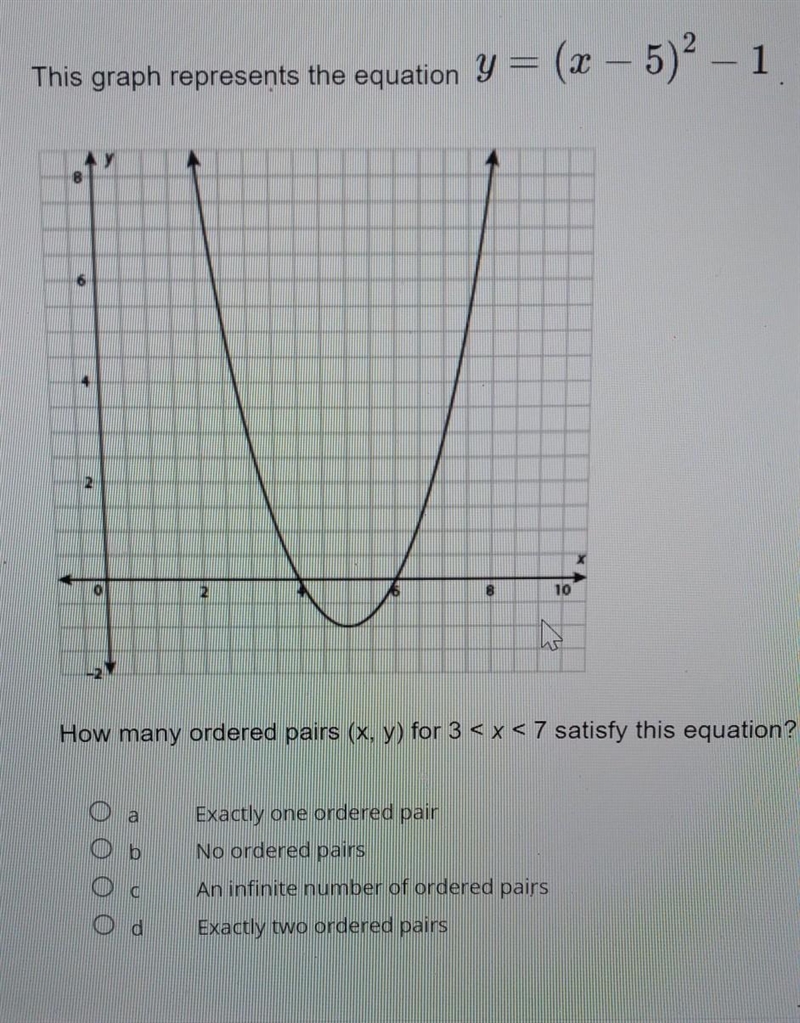 This graph represents the equation y = (x – 5)^2 - 1 How many ordered pairs (x, y-example-1