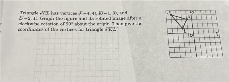 Triangle JKL has vertices J(-4, 4), K(-1, 3), and L(-2, 1). Graph the figure and its-example-1