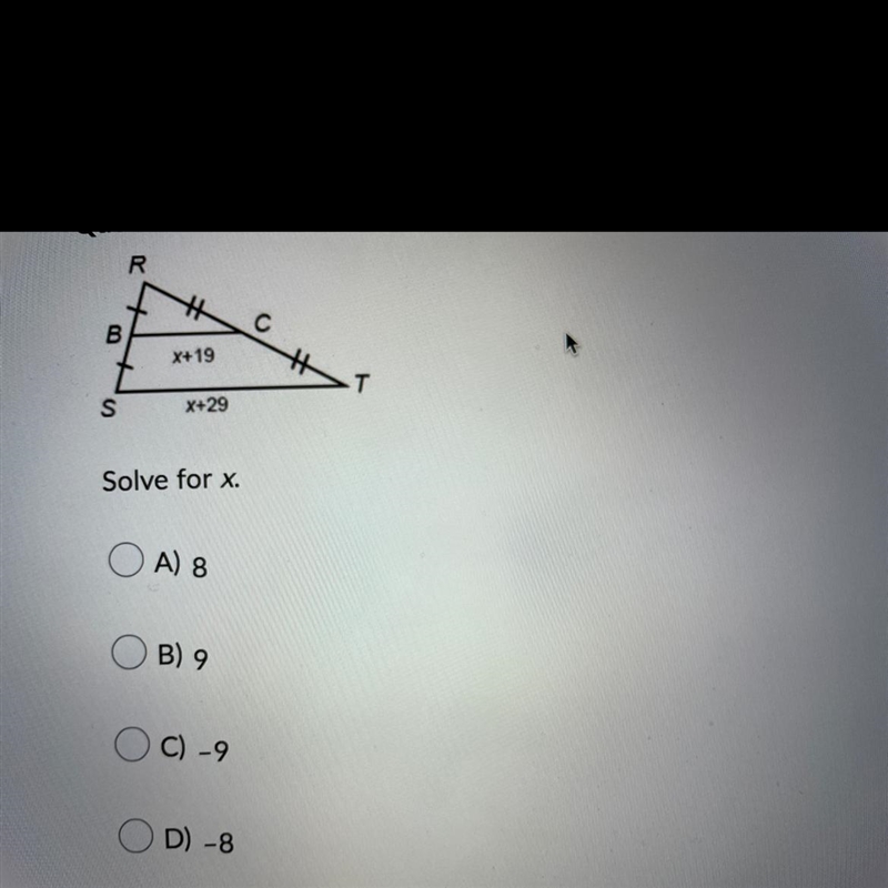 Solve for x A)8 B)9 C)-9 D)-8-example-1