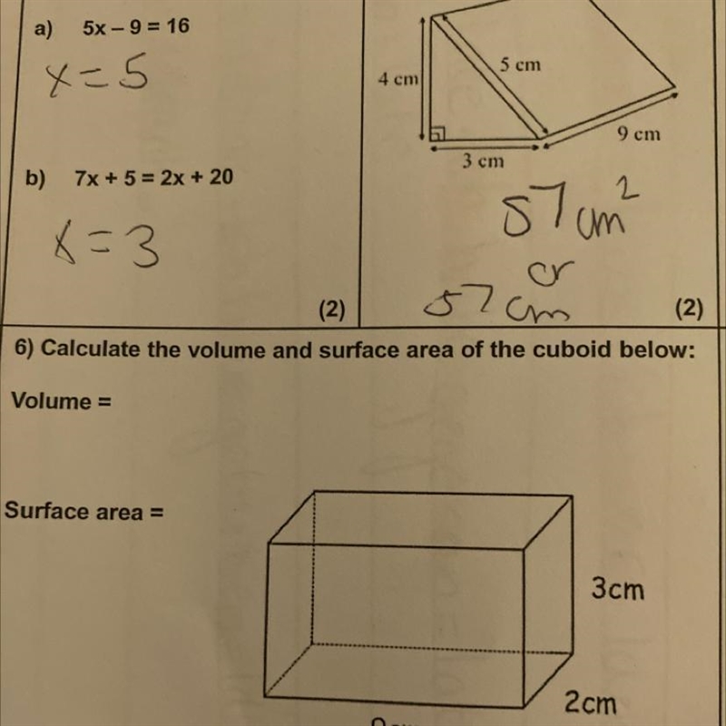 6) Calculate the volume and surface area of the cuboid below: Volume = Surface area-example-1