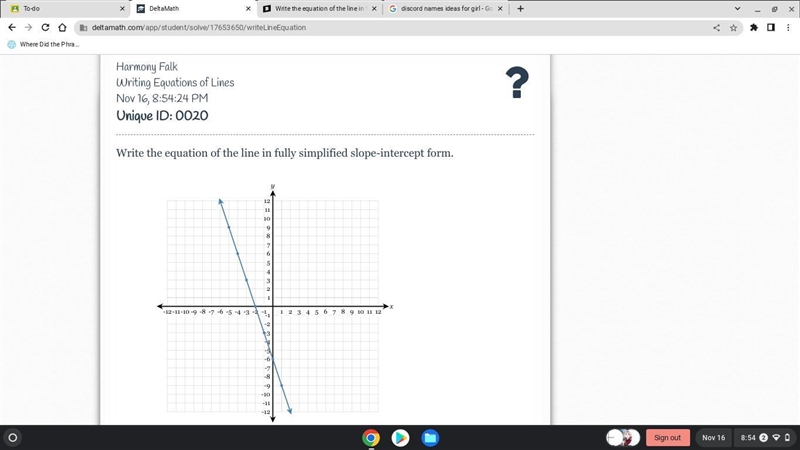 Write the equation of the line in fully simplified slope-intercept form.-example-1