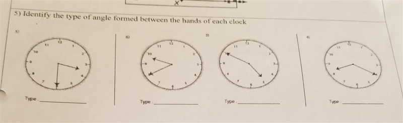 Identify the type of angle formed between the hands of each clock ​-example-1