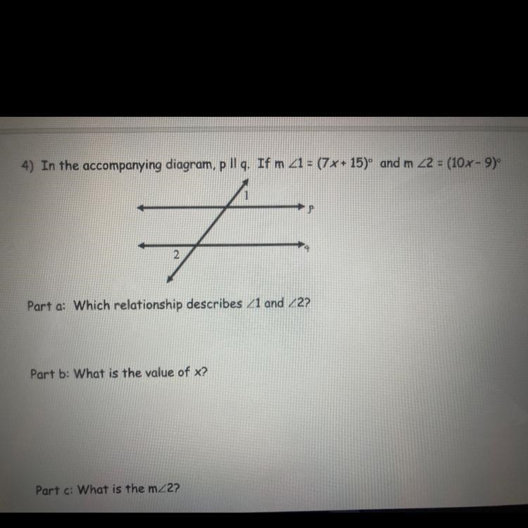 Part a: Which relationship describes <1 and <2? Part b: What is the value of-example-1