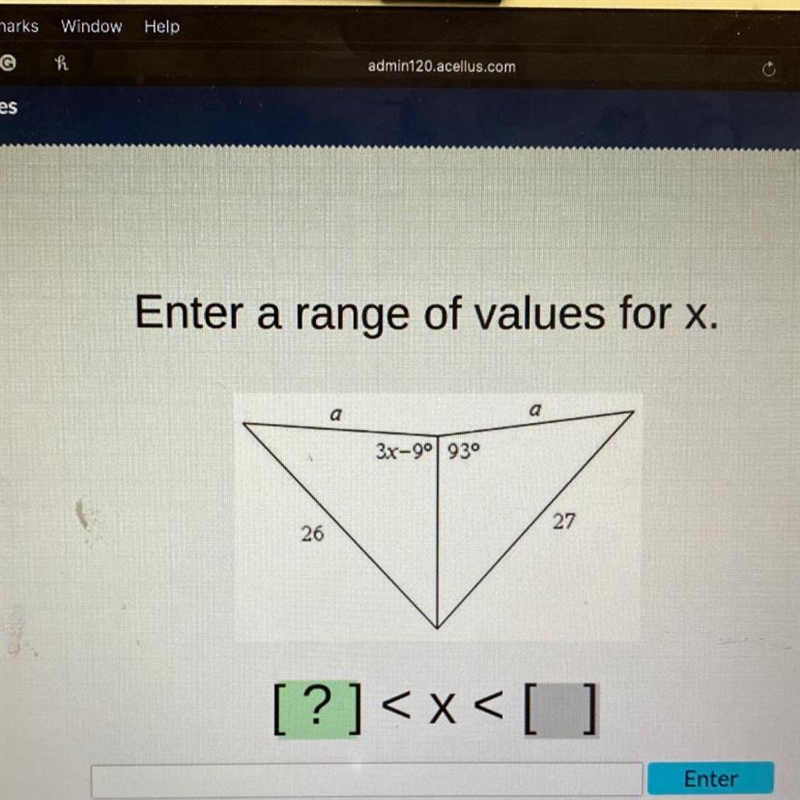 CON Enter a range of values for x. a a 3x-9⁰ 93° 27 26 [?] Enter-example-1