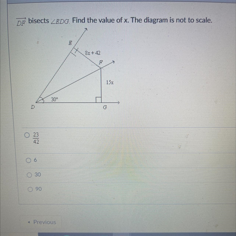 DF bisects LEDG. Find the value of x. The diagram is not to scale.-example-1