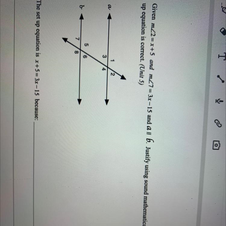 3.Given m_2=x+5 and m27= 3x - 15 and a || 6. Justify using sound mathematical reasoning-example-1