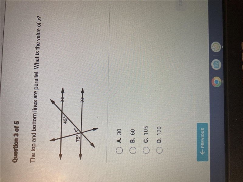 The top and bottom lines are parallel. what is the value of X?-example-1